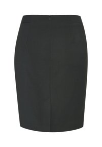 Mörkgrå skräddarsydd kjol med en figursydd design, som har en bakre dragkedjeslutning och två sidofickor. Slät tygkvalitet utan mönster.