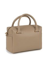 Bézs bőr kézitáska dupla lekerekített fogantyúkkal, aranyszínű fémekkel, cipzáras záródással és finom márkajelzéssel az elején.