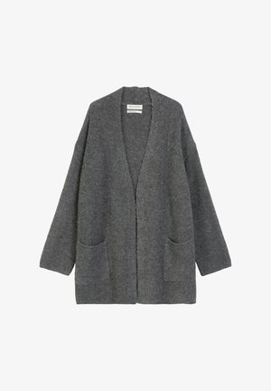 Gray wool cardigan with a v-neck, open front, and two front pockets. Features long, wide sleeves and a soft, textured finish.