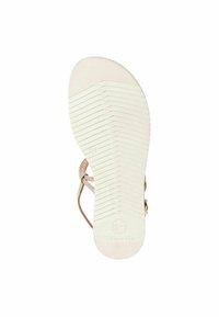 Sandale avec une semelle texturée blanche, des fines sangles marron et un accent décoratif en or rose. La semelle a un motif en rainures pour une meilleure adhérence.