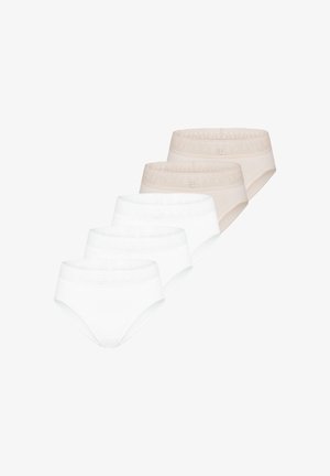 Sæt med fem kvinders trusser med fuld dækning og blonder i taljen, tre i hvid og to i beige, arrangeret i en trappemæssig række.