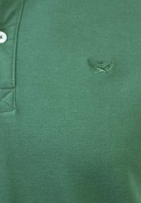 Camisa polo verde con un tejido de algodón texturizado, dos botones y un logotipo bordado en la parte superior izquierda. Diseño de cuello clásico.