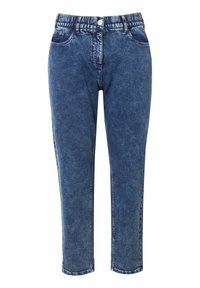 Pantalones de mezclilla azules con un corte holgado, cinturilla elástica, diseño de cinco bolsillos y un lavado ligeramente descolorido. Terminan justo por encima del tobillo.
