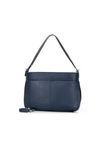 Marineblaue Lederschultertasche mit glatter Textur, einem verstellbaren Trageriemen und flachem Design. Verfügt über einen Reißverschluss und minimale Nähte.