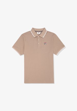 Polohemd in Taupe mit strukturiertem Stoff. Es hat eine Knopfleiste mit zwei Knöpfen, kurze Ärmel und einen kontrastierenden weißen Kragen. Logo auf der Brust.