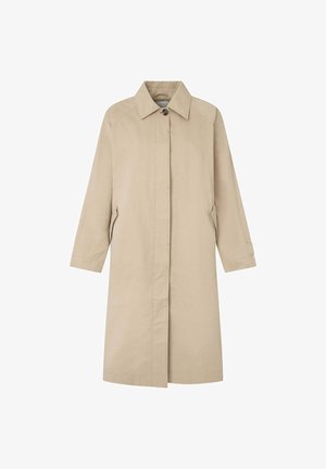 Lys beige frakke med en lige silhuet, minimalistisk design, spids krave, lange ærmer og sidelommer. Fremstillet af glat stof.