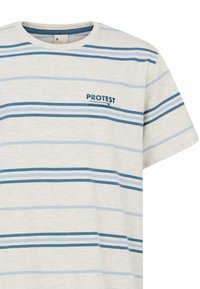 Heren t-shirt in lichtcrème met horizontale blauwe strepen. Korte mouwen, ronde halslijn en het "PROTEST" logo in donkerblauw op de borst.
