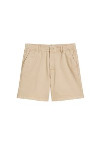Beige cotton shorts with an elastic waistband, front pockets, and a button closure; smooth texture, knee-length design.