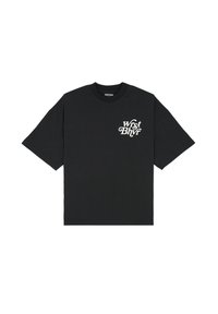 T-shirt en coton noir avec col rond et manches courtes. Présente un texte imprimé blanc "Wrst Bhvr" sur la zone gauche de la poitrine. Design simple, coupe classique.