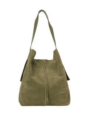 Oliwkowa zamszowa torba na ramię z jednym paskiem i frontowym zamknięciem na troczek z frędzlami, markowa przez Marc O'Polo.