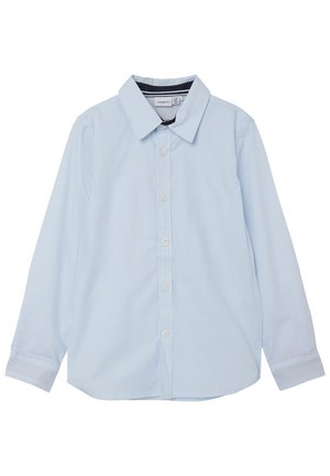 Light blue long-sleeve button-up shirt with a collar, featuring a subtle vertical stripe pattern, designed for children aged 7-8 years.