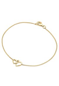 Bracelet en or présentant deux coeurs entrelacés, chaînettes texturées et fermoir à mousqueton. Design minimaliste avec finition polie.