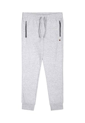 Lysegrå sweatpants med elastisk talje, snoretræk og to sorte lynlåslommer på hver side; ribbede cuffs ved anklerne.