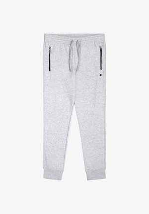Lichtgrijze sweatpants met een elastische tailleband, koord en twee zwarte ritszakken aan de zijkant; ribbels aan de enkels.