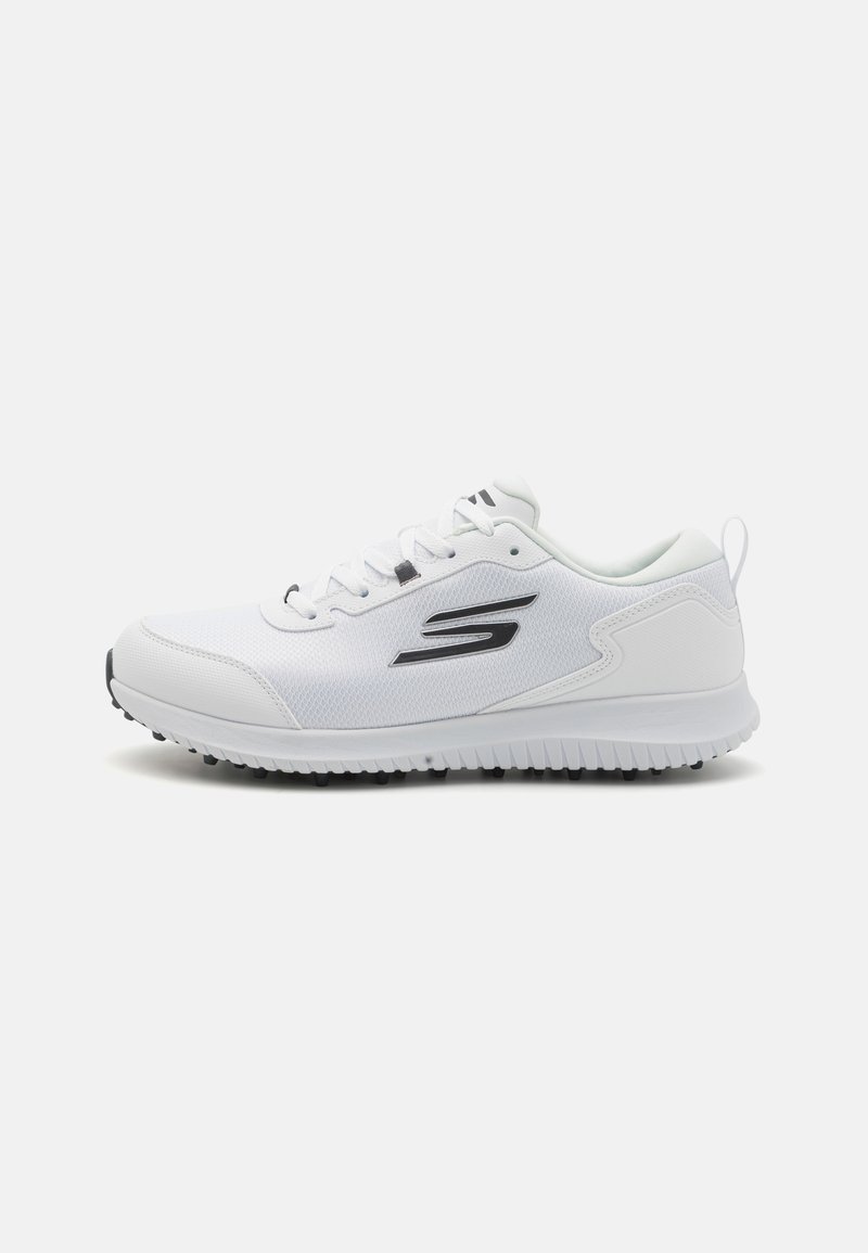 White athletic shoe with mesh upper, black accents, lace-up design, cushioned sole, and textured tread for traction.