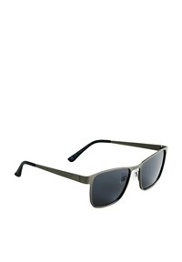 Metallsonnenbrille mit dunkel getönten Gläsern, rechteckiger Form, dünnen Rahmen und schwarzen Tips an den Bügeln. Minimalistisches Design mit subtilen Akzenten.