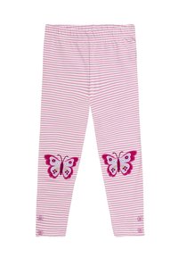 Leggings a righe rosa con applicazioni ricamate a forma di farfalla sulle ginocchia e dettagli con bottoni ai polsini. Vita elastica morbida per il massimo comfort.