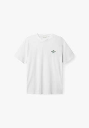 Fehér rövid ujjú, kerek nyakú póló, bal mellrészen apró zöld felirattal: "The Neighbour Club".