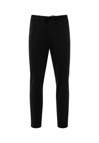 Schwarze Hosen mit einem Kordelzugbund, schmaler Schnitt, glatte Textur und ohne sichtbare Muster oder Hardware-Details.