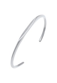 Bracciale a manica in argento lucido con una finitura liscia e lucida, caratterizzato da un design leggermente torcigliato e aperture alle estremità per una facile vestibilità.