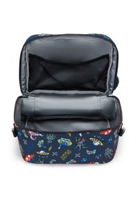 Borsa per il pranzo isolata di colore blu navy con stampe colorate a tema robot e spazio. L'interno è dotato di una fodera grigia, lavabile, con tasche in rete.