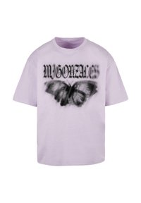 Lavender Baumwoll-T-Shirt mit einem schwarz-weißen Schmetterling-Graphic und kraftvollem "GONZALEZ"-Text, lockere Passform, kurze Ärmel.