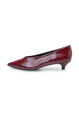 Red glossy low-heeled pump with a pointed toe. Smooth texture with a slight sheen. Shoe features a rounded heel for stability.