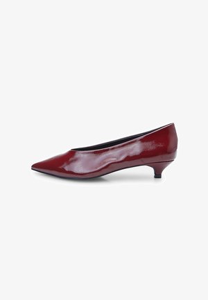 Red glossy low-heeled pump with a pointed toe. Smooth texture with a slight sheen. Shoe features a rounded heel for stability.