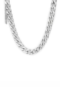 Silver metal chain necklace featuring thick, interlocking links with a smooth finish, accented by a small hanging chain detail.