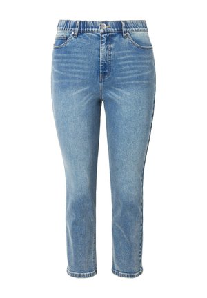 Lyseblå denimjeans med høj talje, cropped længde, fem-lomme design og en subtil falmet tekstur. Lukket med en knap og lynlås.