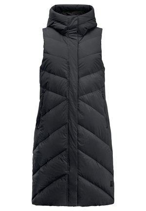Gilet matelassé sans manches noir avec un quilting en chevrons, un col montant et deux poches latérales. Texture lisse avec une fermeture éclair dissimulée à l'avant.