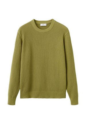 Olivno zelena pulover iz tkanine v obliki vaflja z dolgimi rokavi ter rebrastimi manšetami, spodnjim robom in vratnim izrezom.