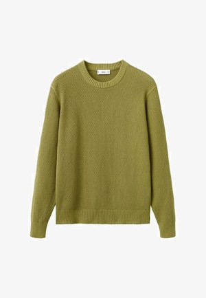 Olivengrøn wafflestrikket rundhalset sweater med lange ærmer og ribstrikkede manchetter, kant og hals.