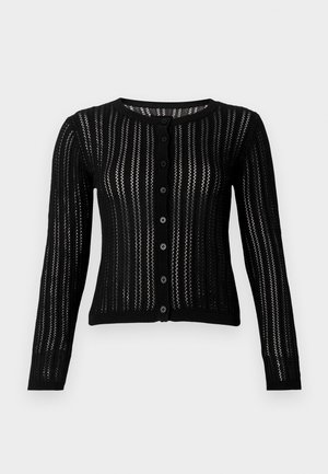 Μαύρο ζακέτα με μακριά μανίκια, κουμπιά, κάθετο ριγέ σχέδιο από ανοιχτό πλεκτό και στρογγυλή λαιμόκοψη.