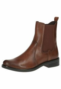 Braune Leder-Stiefelette mit elastischen Seiteneinsätzen, runder Zehenpartie und blockartigem, niedrigem Absatz, ausgestattet mit einer glatten Oberfläche und einem schlichten Design.