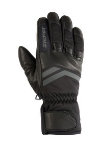 Gant de hiver noir en cuir et tissu, avec un ajustement serré, paume renforcée et accents gris diagonaux sur le dos de la main.