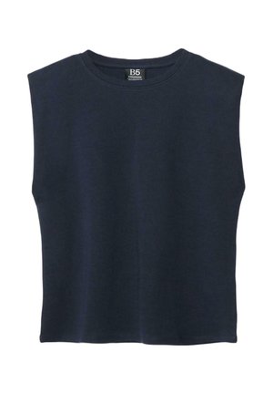 Hihaton laivastonsininen pyöreäkauluksinen paita suoralinjaisella helmalla, esillä litteänä siten, että näkyy etupuoli ja B5-merkkilappu kaulan sisäpuolella.