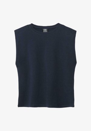 Oprijeta brezrokavnik temno modre barve z okroglim izrezom in ravnim zaključkom, položen na ravno površino, prikazuje sprednjo stran in notranjo etiketo blagovne znamke B5 na vratu.