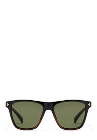 Black and tortoiseshell rectangular sunglasses with dark green lenses and small gold logo accents on the outer corners of the frame.