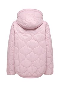 Pehmeäpintainen, vaaleanpunainen tikattu takki, jossa on huppu ja pyöreä kuviointi. Malli on rento ja siinä on kaartuva helmaviiva.