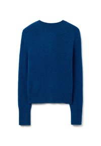 Blauwe, gestructureerde trui met een ronde halslijn en lange mouwen. Verkorte stijl, gemaakt van een zachte stof. Geen zichtbare patronen of accenten.