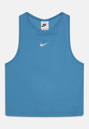 Blaues Sporttanktop aus geripptem Material. Verfügt über einen runden Halsausschnitt und ein kleines weißes Nike-Swoosh-Logo auf der Vorderseite.