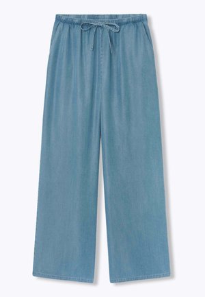 Pantalon bleu clair à jambes larges avec taille élastique et cordon de serrage à l'avant, en tissu denim doux.