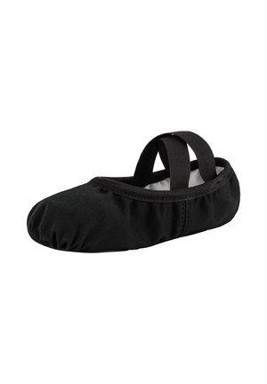 Black ballet slipper with a soft fabric exterior and elastic straps. Rounded toe design, cushioned interior, and gathered edges for comfort.
