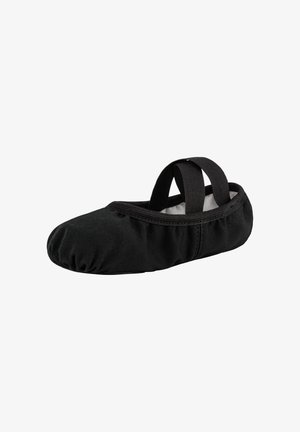 Schwarze Ballettschläppchen mit einem weichen Stoffaußenmaterial und elastischen Riemen. Abgerundete Zehenform, gepolsterter Innenbereich und geraffte Kanten für zusätzlichen Komfort.