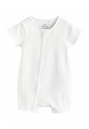 White short-sleeve baby romper made of ribbed fabric. Features a front snap closure and leg openings for easy dressing.