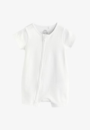 Romper corto de bebé de manga corta, hecho de tela acanalada. Presenta un cierre a presión en la parte delantera y aberturas en las piernas para facilitar el vestido.