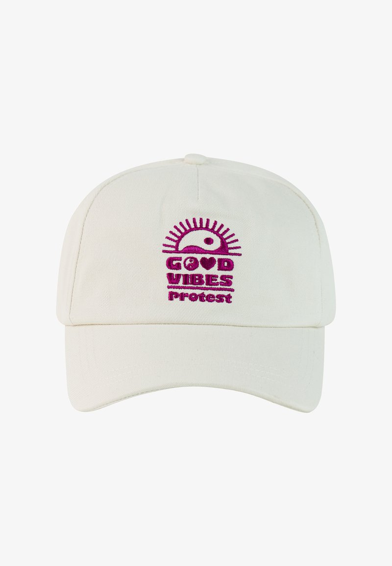 Gorra de béisbol blanca con bordado púrpura que muestra un sol y las palabras "Protesta de Buenas Vibras".