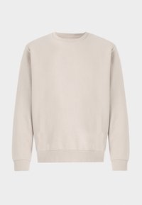 Světle béžová mikina vyrobená z jemné bavlny. Má kulatý výstřih, dlouhé rukávy a žebrované manžety a lem. Hladká textura, minimalistický design.