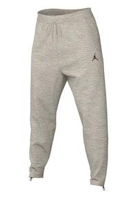 Svijetlo sivi jogger hlače od mekog materijala. Imaju struk s vezicom, bočne džepove i crni logo kao naglasak. Suženi kroj s patentnim zatvaračima na gležnjevima.